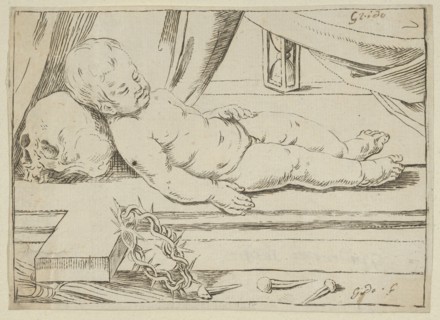The infant Christ asleep on a cross, his head resting on a skull, a crown of thorn..., 17th century. Creator: Anon.