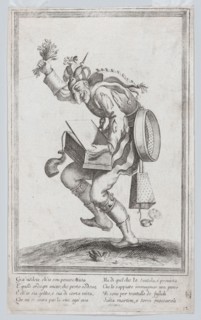 A caricature figure representing a poor itinerant artist loaded with various implem..., ca. 1640-60. Creator: Anon.