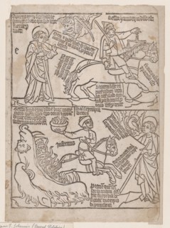 A Rider on a Black Horse with a Pair of Balances in His Hand; and A Pale Horse with D..., 1440-1450. Creator: Anon.