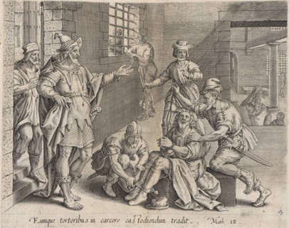 The Imprisoned Servant, from The Parable of the Unmerciful Servant, bound in Thesaurus Sac..., 1585. Creator: Anon.