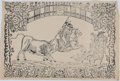 Suerte III: Picador stabbing a bull; two toreros running to right, ca. 1850-80., ca. 1850-80. Creator: Anon.