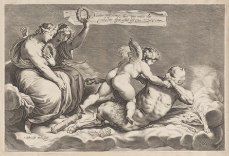Cupid wrestling with Pan, amongst the clouds, with two allegorical women seated at le..., 1598-1632. Creator: Jacob Matham.