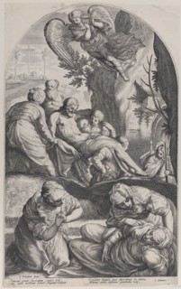 The Entombment, with Christ's body carried on a sheet at center, the three Maries in the f..., 1594. Creator: Jacob Matham.