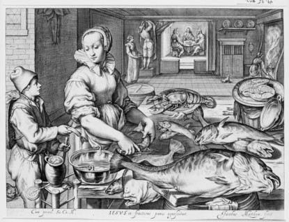 Kitchen Scene with Kitchen Maid Preparing Fish, Christ at Emmaus in the Background, fr..., ca. 1603. Creator: Jacob Matham.