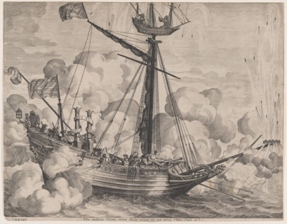 Plate 37: Triumphal ship with fireworks display to the right; from Guillielmus Becanus's '..., 1636. Creators: Jacob Neeffs, Johannes Meursius, Willem van der Beke.