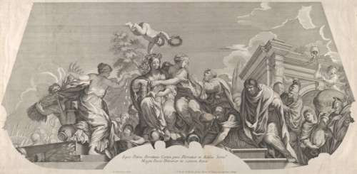 An allegorical composition with Charity and prisoners in chains; a plate from Rossi's seri..., 1677. Creator: Jacques Blondeau.
