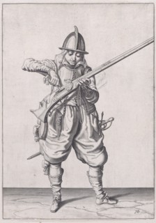 A soldier pouring powder into the pan, from the Marksmen series, plate 16, in Wa..., published 1608. Creator: Robert Willemsz de Baudous.