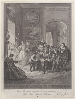 Plate 30: Don Quixote consults the enchanted head at Don Antonio Moreno's house (Don Quich..., 1745. Creator: Jakob van Schley.