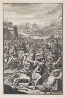 Battle scene with a man about to be stabbed with a sword at lower right, 1730. Creator: Jan Caspar Philips.