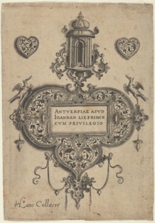 Title Plate, from Pendant Designs with Architectural Elements and Vegetal-Arabesque..., before 1573. Creator: Jan Collaert I.