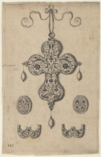 Design for the Verso of a Cross-Shaped Pendant Above a Pair of Oval Ornaments and A..., before 1573. Creator: Jan Collaert I.