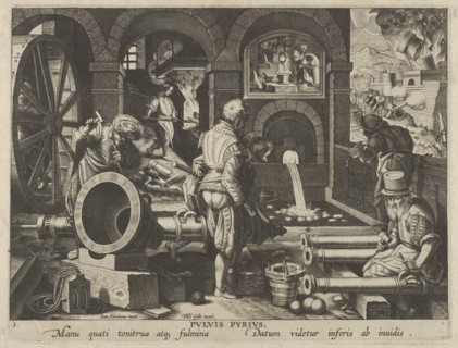 New Inventions of Modern Times [Nova Reperta], The Invention of Gunpowder, plate 3, ca..., ca. 1600. Creator: Jan Collaert I.