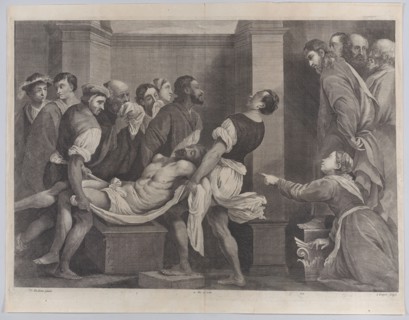 The raising of Lazarus, who is carried by three men at left, while his sister and C..., ca. 1656-60. Creators: Jan van Troyen, David Teniers II.
