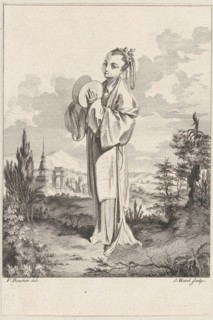Chinoiserie with a woman holding cymbals, from Suite de Figures Chinoises. . .Tiré du C..., 1755-76. Creator: Jean-Pierre Houel.