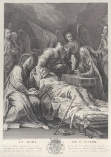 The death of Saint Joseph, lying on a bed, with Jesus, the Virgin Mary, and angels at h..., 1740-50. Creator: Johann Christian Teucher.
