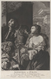 Jephtha dressed in armor looking up in despair, and his daughter holds a harp at right, 1775. Creator: Johann Elias Haid.