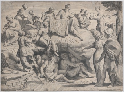 Allegory with Minerva at right, leading a young man towards Mount Parnassus, where the ..., 1620-47. Creator: Johann Friedrich Greuter.