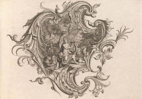 Design for a Cartouche and Representation of 'Hearing', Plate 3 from 'Neu I..., Printed ca. 1750-56. Creator: Johann Georg Pintz.