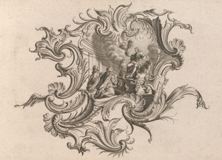 Design for a Cartouche and Representation of 'Smell', Plate 5 from 'Neu Inv..., Printed ca. 1750-56. Creator: Johann Georg Pintz.