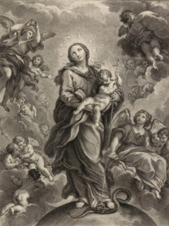 Destroy the dragon without sword; (Dan. 14.25); Virgin and Child on hemisphere. Creator: Johann Jakob Frey the Elder.