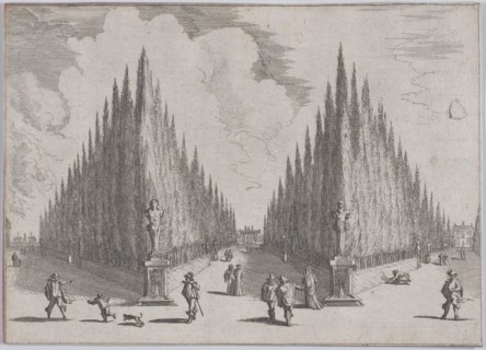 Three alleés separated by two groups of trees in pointed configurations, from 'Views of Ga..., 1636. Creator: Johann Wilhelm Baur.