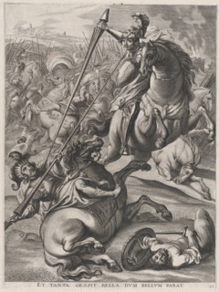 Plate 16: Battle of Achilles against the Trojans; from Guillielmus Becanus's 'Serenissimi ..., 1636. Creators: Johannes Meursius, Willem van der Beke.