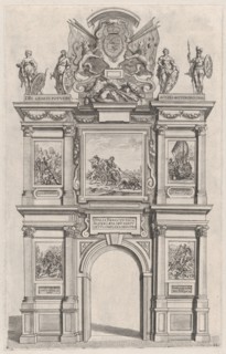 Plate 12: Triumphal arch, elevation of the back facade, surmounted with the arms of Ferdin..., 1636. Creators: Johannes Meursius, Willem van der Beke.
