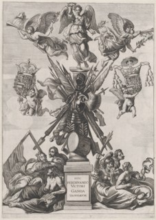 Plate 33: Armorial trophy on a Tuscan column, surrounded by allegorical figures and cherub..., 1636. Creators: Johannes Meursius, Willem van der Beke.