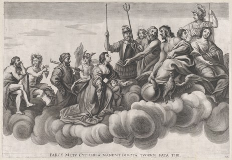 Plate 32: Venus asking Jupiter for protection; from Guillielmus Becanus's 'Serenissimi Pri..., 1636. Creators: Johannes Meursius, Willem van der Beke.
