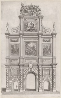 Plate 27: Triumphal arch, elevation of the back, surmounted by allegorical figures and dec..., 1636. Creators: Johannes Meursius, Willem van der Beke.