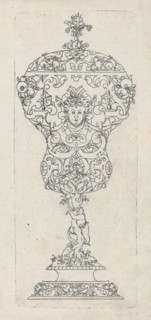 Covered Goblet, Pear shaped bidy on shaft og twisted tree-trunk with bear treed by dog,.n.d., n.d.. Creator: Jonas Silber.
