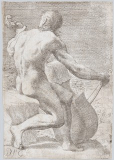 Study from behind of a naked man playing a cello, from the 'Principios para estudiar e..., ca. 1693. Creator: José García Hidalgo.