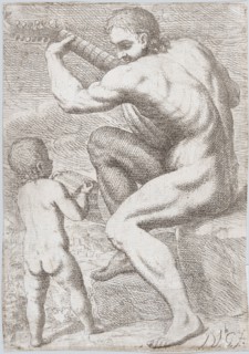 Study of a naked man playing a vihuela, a child holding a sheet of music at the left, ..., ca. 1693. Creator: José García Hidalgo.