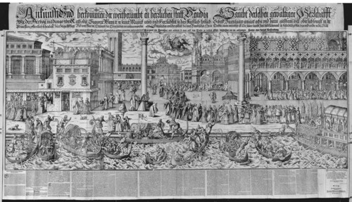 Procession of the Doge to the Bucintoro on Ascension Day, with a View of Venice, ca. 1565,..., 1697. Creator: Jost Ammon.