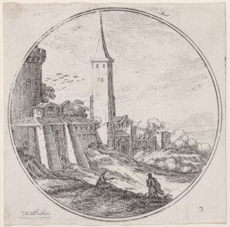 Plate 2: two figures outside of the walls of a town, a tower at center, 1680-1747. Creator: Lodovico Mattioli.