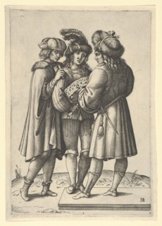 Three male singers standing together holding a sheet of music, ca. 1599-1641. Creator: Luca Ciamberlano.
