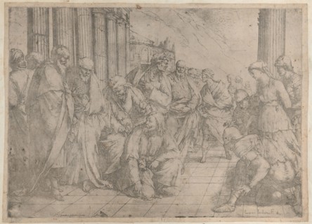 Christ kneels and writes on the pavement at center, while the woman taken in adultery stan..., 1653. Creator: Luca Giordano.