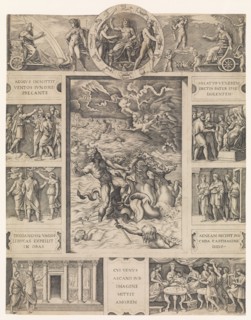 Neptune calming the tempest which Aeolus raised against Aeneas' fleet from Book I o..., ca. 1515-16. Creator: Marcantonio Raimondi.