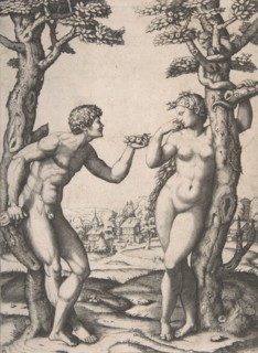 Adam and Eve flanked by two trees, a town in the background, ca. 1512-14. Creator: Marcantonio Raimondi.