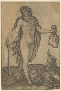 David standing, sword in lowered right hand, sack in the left, the head of Goliath on ..., ca. 1506. Creator: Marcantonio Raimondi.