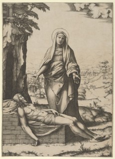 The Pietà: the Virgin standing over the dead Christ, her hands outspread, ca. 1515-17. Creator: Marcantonio Raimondi.
