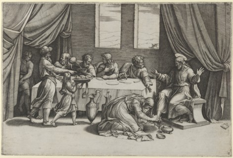 Christ at the table of Simon the Pharisee, Mary Magdalene washing his feet with her..., ca. 1520-25. Creator: Marcantonio Raimondi.