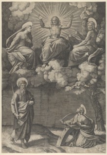 Christ flanked by the Virgin and St. John in the upper section, St. Paul and St. Ca..., ca. 1520-25. Creator: Marcantonio Raimondi.