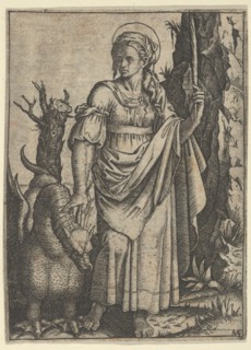 St Margaret holding a palm in her raised left hand, a dragon at her right, ca. 15..., Creator: Marcantonio Raimondi.