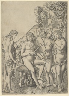 A young man, seated and playing the violin at centre, flanked by two woman holding ..., ca. 1510-27. Creator: Marcantonio Raimondi.