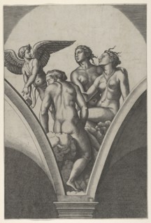 The Three Graces sitting on clouds, cupid at the left, after Raphael's fresco in th..., ca. 1517-20. Creator: Marcantonio Raimondi.