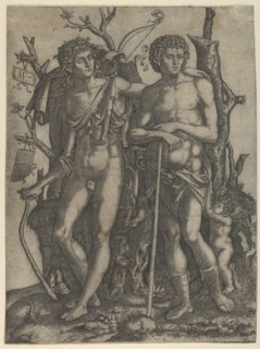 Apollo standing at the left, his hand resting on the shoulder of Hyacinthus, Cupid in the ..., 1506. Creator: Marcantonio Raimondi.