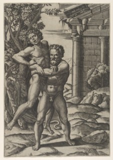 Hercules holding Antaeus by the waist and lifting him off his feet, ca. 1520-22.. Creator: Marcantonio Raimondi.