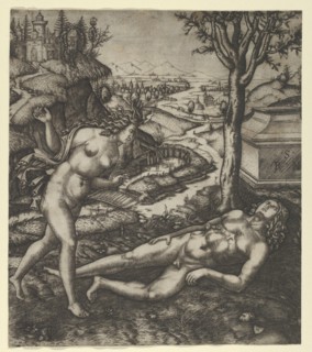 Thisbe finding Pyramus laying on the ground with a knife in his chest , 1505.. Creator: Marcantonio Raimondi.