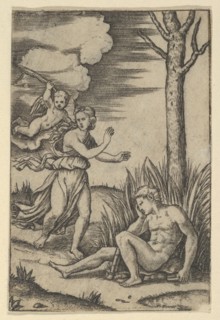 Diana followed by cupid at left, Endymion at right, ca. 1500-1534. Creator: Marcantonio Raimondi.